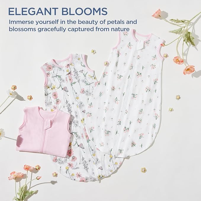 Duomiaomiao 3 Pack Baby Sleep Sack 100% Organic Cotton Lightweight Breathable Comfy Toddler Sleeping Sack (0.5tog Flowers, Medium)