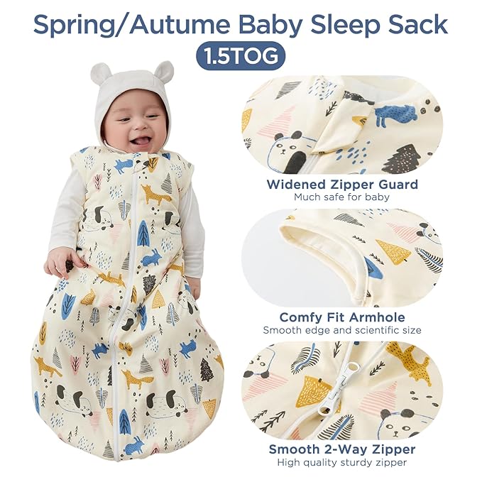 Duomiaomiao 1.5 TOG Baby Sleep Sack 100% Cotton Four Season Baby Wearable Blanket, Breathable Comfy Toddler Sleeping Sack
