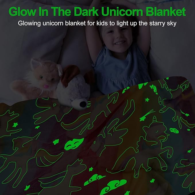 Unicorn Glow in The Dark Kids Blanket, Soft Fleece Throw 50"x60" for Girls & Boys, Ages 3-12