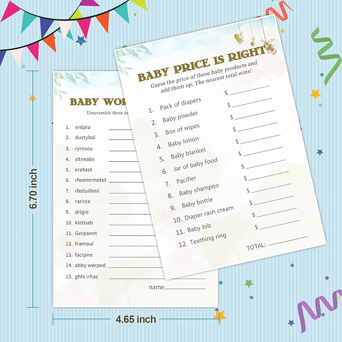 Baby Shower Games for Boy or Girl-2 Games(50 of Each),Baby Shower Word Scramble Game&Price is Right,Double-Sided,Fun,Hilarious,and Easy to Play,Gender Neutral,with Answer Keys