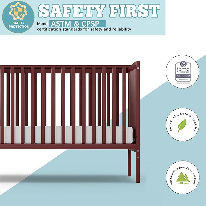 Baby Crib 5-in-1 Convertible, Wood Full Size Toddler Bed for Small Baby, Made of Sustainable Natural Pinewood Cribs, Non-Toxic Finish, Simplistic Nursery Furniture (Cherry)