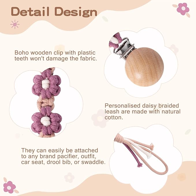 Pacifier Clip for Boys Girls Floral Daisy Macrame Paci Clip Pacifier Holder Leash Boho Wooden Clips Handmade Braided Cotton Unisex Baby Shower Birthday Gift