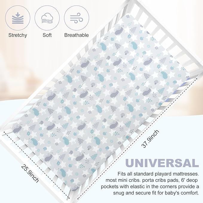 Pack n Play Flat Sheet 2 Piece Mini Crib Sheet Elastic Playard Sheet Set Portable Sheet Set Elastic Convertible Playmat Compatible Graco Pack n Play (Owl and Tree Bag) (Whale & Hedgehog)