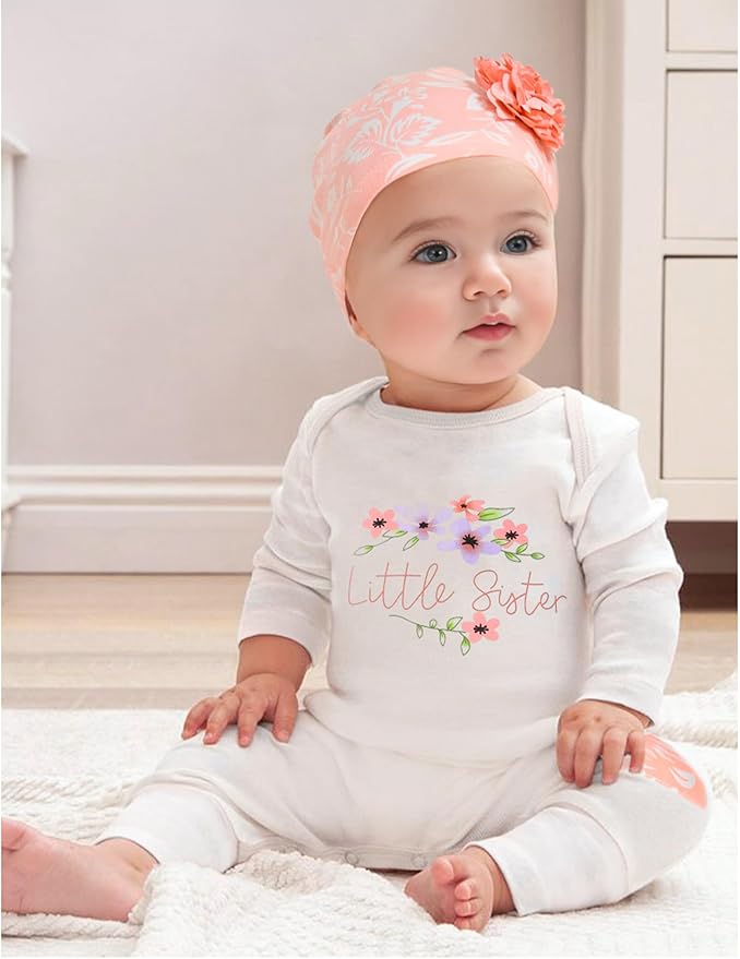 Baby Girl Clothes Patter&Letter Baby Girl Romper with Bow Hat&Headband and Gloves 4Pcs Baby Girl Coming Home Outfit