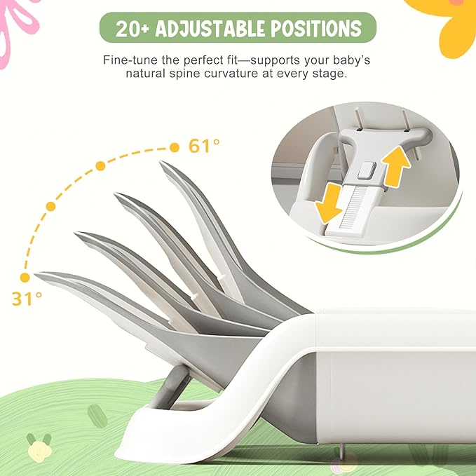 Reclining Baby Bathtub for Newborn, Angle Adjustable Baby Tub for Infant to Toddler, Bath Support in Tub, Thermometer & Bath Kneeler Rest Pad & Clean Rinse Cup, 6-36 Months-Gray