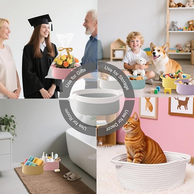 Gift Basket with Gift Bag and Ribbons,Small Rope Woven Shelf Storage,Baskets for Gifts Empty,Birthday,Shower,Decorative Organizer Box for Cat Dog Pet with Handles(White&Grey)