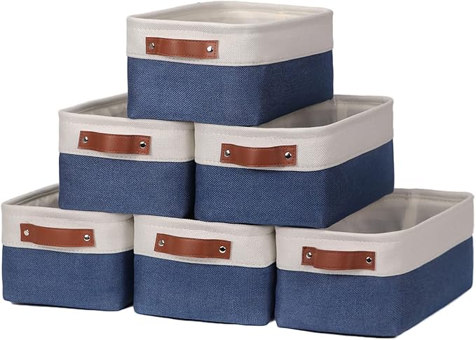 HNZIGE Small Baskets for Storage(6 Pack) Fabric Storage Baskets for Shelves, Foldable Storage Basket for Organizing Closets, Nursery, Baskets for Gifts Empty (White&Blue, 11.8" x 7.8" x 5.1")