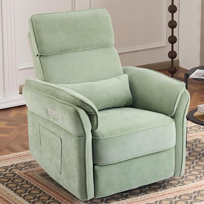MELLCOM Power Recliner Rocking Chair Nursery Gliders with Adjustable Armrests and Headrest, Swivel Electric Glider Reclining Nursing Chair with USB Port and Storage Bags, FSC Certified(Fabric, Green)