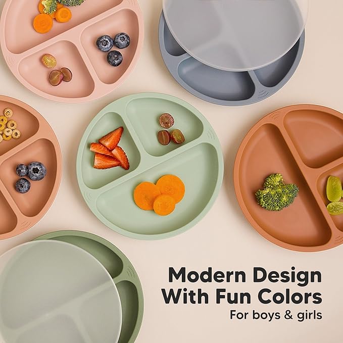 KeaBabies Suction Plates with Lids for Baby - 3-Pack 100% Silicone Toddler Plates with Suction, Divided, BPA-Free Baby Led Weaning Essentials for Kids, Dishwasher, Microwave Safe, Durable (Forest)