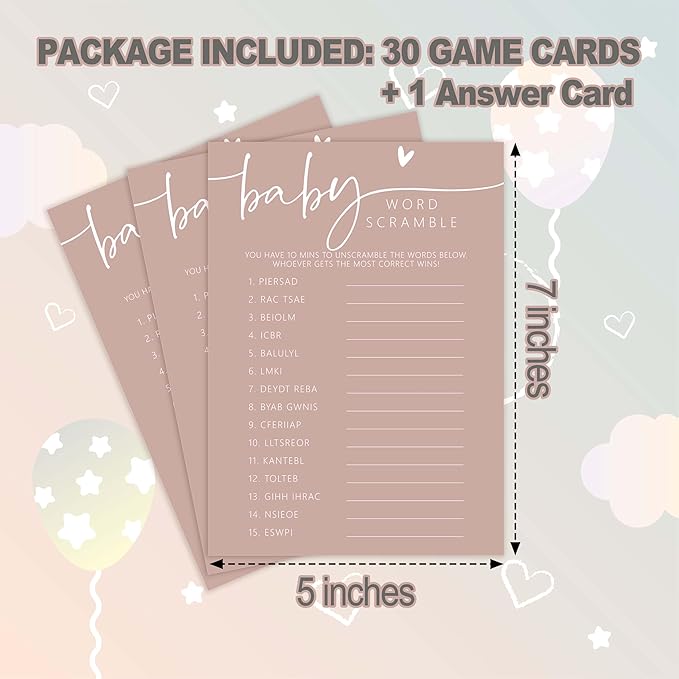 Baby Shower Games - Pink Baby Word Scramble + 1 Answer Card, 30 Sets Gender Reveal Party Decorations - F07