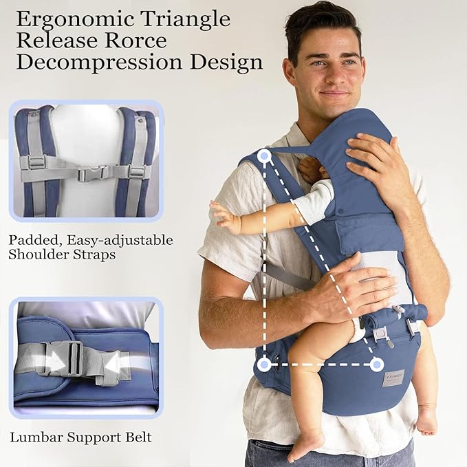 Baby Carrier Newborn to Toddler, YIYUNBEBE Adjustable Detachable Baby Carrier with Hip Seat, All Seasons Baby Holder Carrier for Dad Mom, Blue