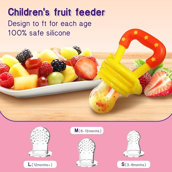 Baby Fruit Feeder with Ice Tray, BPA-Free Silicone Teether & Infant Feeding Set for 3-24 Months, Leak-Proof, Ergonomic Handle – Perfect for Puree, Yogurt & Frozen Snacks(Pink Yellow)