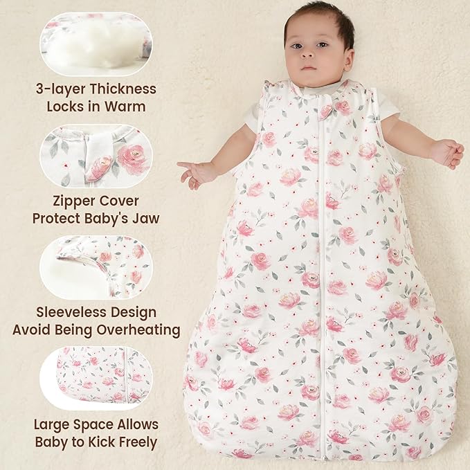 PHF 100% Cotton Baby Sleep Sack 6-12 Months, 2.5 TOG Winter Baby Wearable Blanket with 2-Way Zipper, Warm Comfy Quilted Sleeping Bags, Infant Sleeping Sack for Newborn Girls, Medium Size, Pink Floral