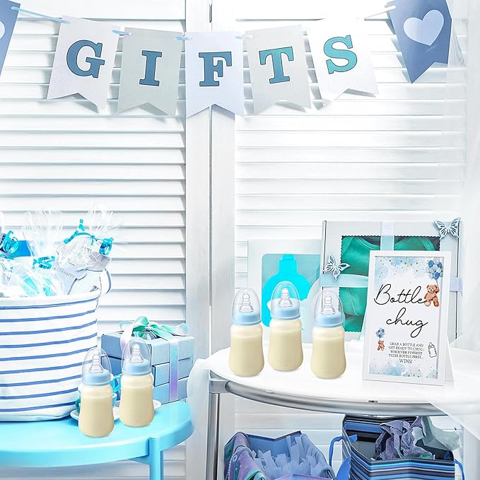 Roowest Bottle Chug Baby Shower Game Favors Including Blue Butterfly Theme Wooden Sign and 18 Pcs Baby Bottles for Gender Reveal Party Supplies