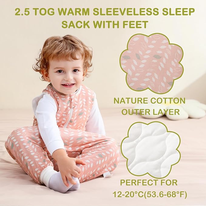 Super Soft Winter 2.5 TOG Sleep Sack with Feet, 100% Organic Cotton Warm Toddler Sleeping Sack with Legs, Feather, Size L