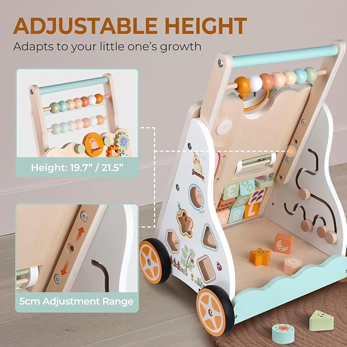 Baby Push Walker, Wooden Baby Walker for Girls Boys, Montessori Activity Center for Babies, Adjustable Speed & Height for Toddlers, Educational Push Toy for Kids Development