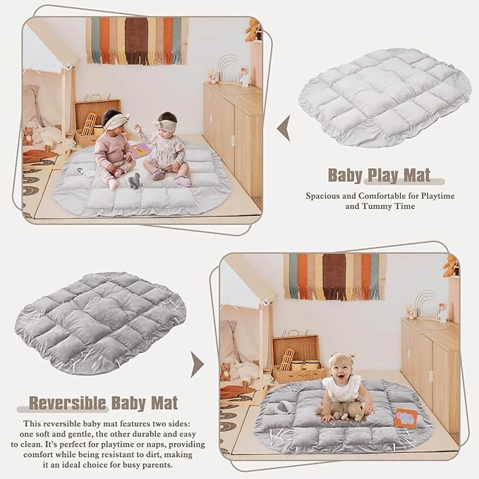 5-in-1 Plush Baby Play Gym, Baby Play Mats, Convertible Baby Gym with Pillow, Tummy time mat, Baby&Ped Bed, 6 Sensory Toys, Baby Activity Center from Newborn to Toddler, Ball Pit, Rectangular Grey