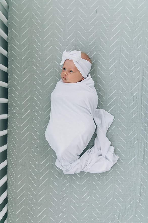 Mebie Baby White Stretch Swaddle, Modern and Neutral Swaddle Blanket for Baby Girl or Boy, Soft Baby Blankets, Newborn Swaddle Blanket, 0-3 Month, Comfy Wrap, Baby Essentials & Gifts (47" x 47")
