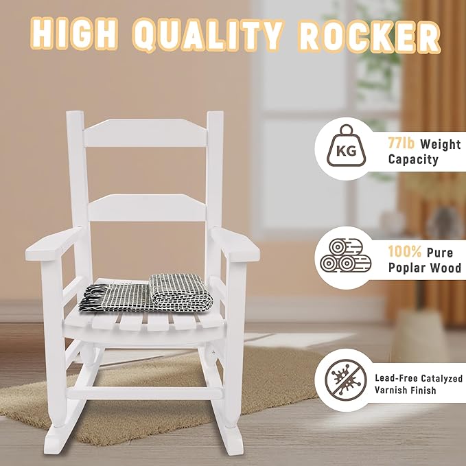 Toddler Rocking Chair Set of 2 for Kids Comfy Recliner Wooden Rocker for Baby Children Ages 3-6 Outdoor Lounge Chair Girls Indoor Playroom White
