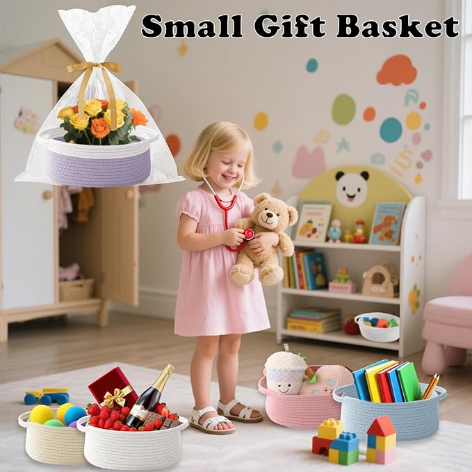 Gift Basket with Gift Bag and Ribbons,Small Rope Woven Shelf Storage,Baskets for Gifts Empty,Birthday,Shower,Decorative Organizer Box for Cat Dog Pet with Handles(White&Purple)