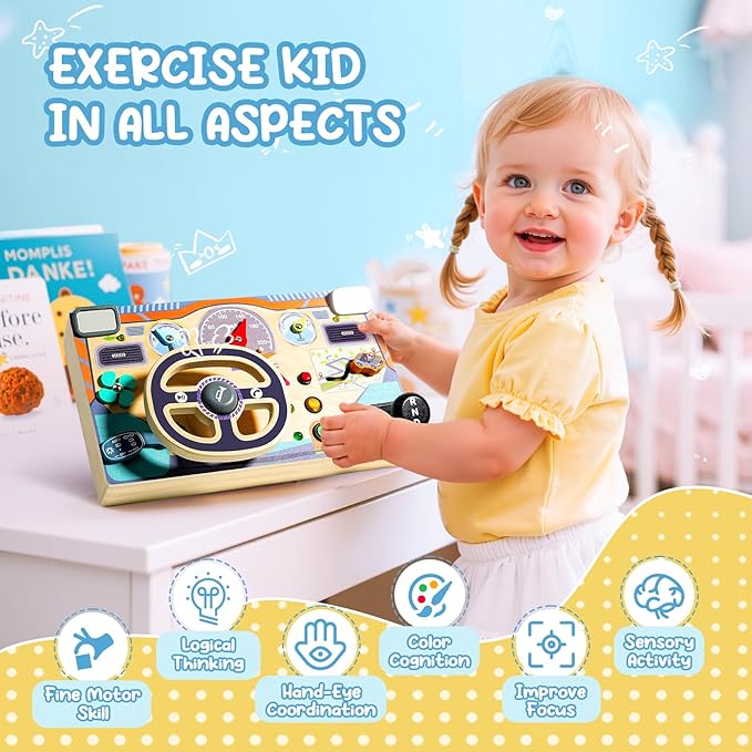 Busy Board Montessori Toys for 1 2 3 Year Old, Wooden Toddler Sensory Toys Busy Board with LED Lights Sound Switch, Toddlers Activity Travel Toy, Steering Wheel Toys Toddler Toy Gifts for Boys Girls