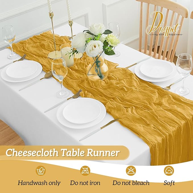 12Pack Gold Table Runner 35 x 120 inch Cheesecloth Table Runner 10FT Boho Fall Table Runners Rustic Gauze Cheese Cloth Table Runners for Party Wedding Birthday Dining Bridal Shower Baby Shower Decor