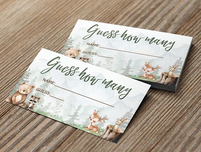 Printed Party Baby Shower Games – Woodland Adventure Candy Jar Guessing Game, Forest Animal Theme, 30 Guess How Many Cards & Matching Display Sign