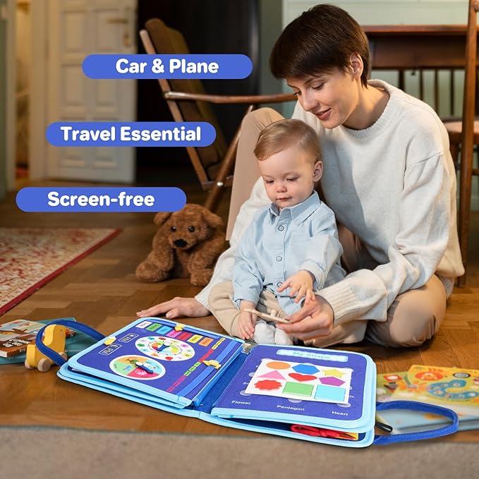 Toddler Busy Board Montessori Toys, Sensory Toys for 1 2 3 4 Year Old Boy, Busy Book Travel Educational Activities for Learning Fine Motor Skills Birthday Gifts (Blue Dinosaur/P10)