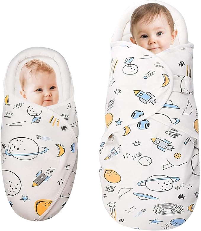 Organic Cotton Baby Swaddle Blankets, Unisex Baby Blanket Wrap for Newborn Baby Boys Girls, Skin Friendly Wearable Swaddling Sleep Sack Calms Startle Reflex (Planet, White, 0-3 Months + 3-6 Months)