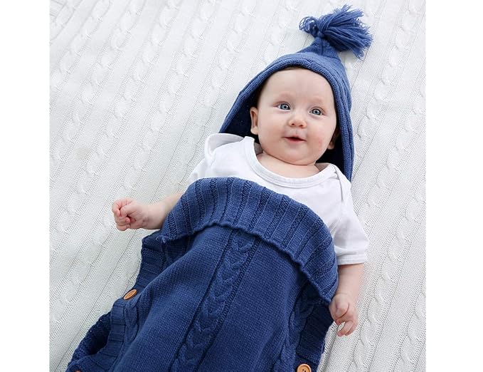 XMWEALTHY Newborn Baby Wrap Swaddle Blanket Knit Sleeping Bag Receiving Blankets Stroller Wrap for Baby(Dark Blue) (0-6 Month)