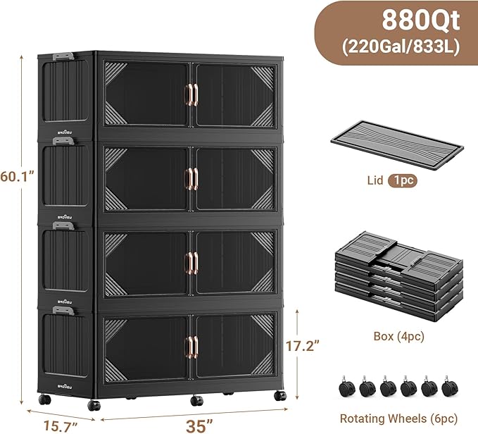 220Gal Plastic Stackable Storage Bins with Lid, 880QT Extra Large Closet Organizers Collapsible Cabinets Boxes With Drawers, Foldable Containers with 6x Wheels for Home Kitchen, V60 4Pack Black