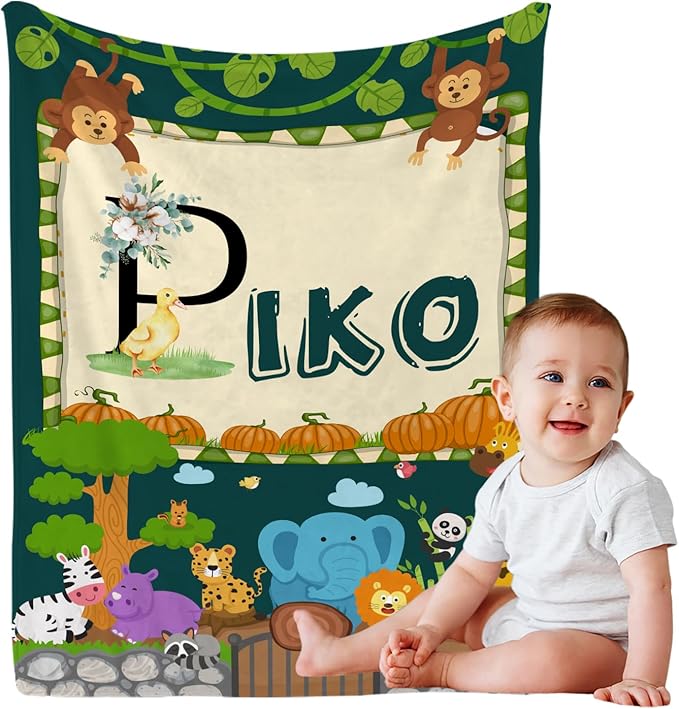 Personalized Cute Animals Name Blanket, Custom Monogram Name Blankets Elephant Monkey Toddler Boy Soft Flannne Swaddling Blankets Customized Memorial Gift for Infant Newborn Shower