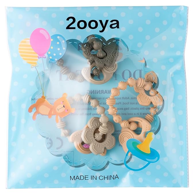 Silicone Teether Toys for Babies - 2ooya 3Pcs Animals Themed Teething Ring, Flower Leaves Baby Sensory Chew Toys with Rattles for Newborn Boy and Girl to Soothe Sore Gums, Baby Shower Birthday Gifts