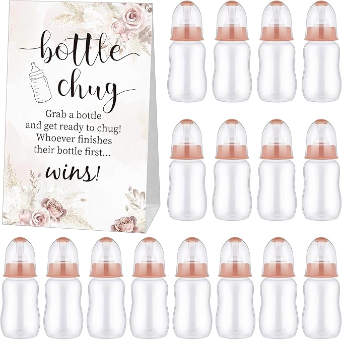 TrelaCo Bottle Chug Baby Shower Game 20 Pcs Baby Bottles Shower Favor with 1 Boho Theme Sign for Gender Reveal Party Supplies Gifts(Brown)