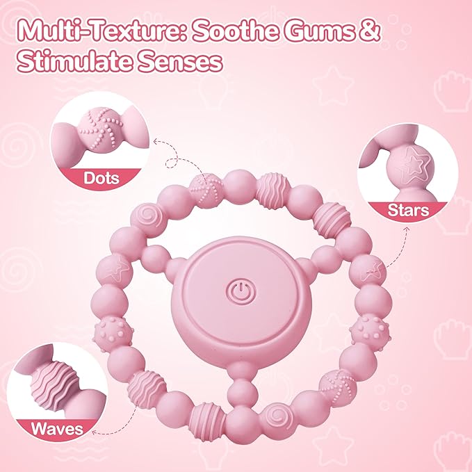 Vibrating Teething Toy with 3D Multi-Texture, Food-Grade Silicone Sensory Chew Toy for Autism Kids and Baby 3-18 Months, Baby Teething Ring for Teething Relief, Light Pink