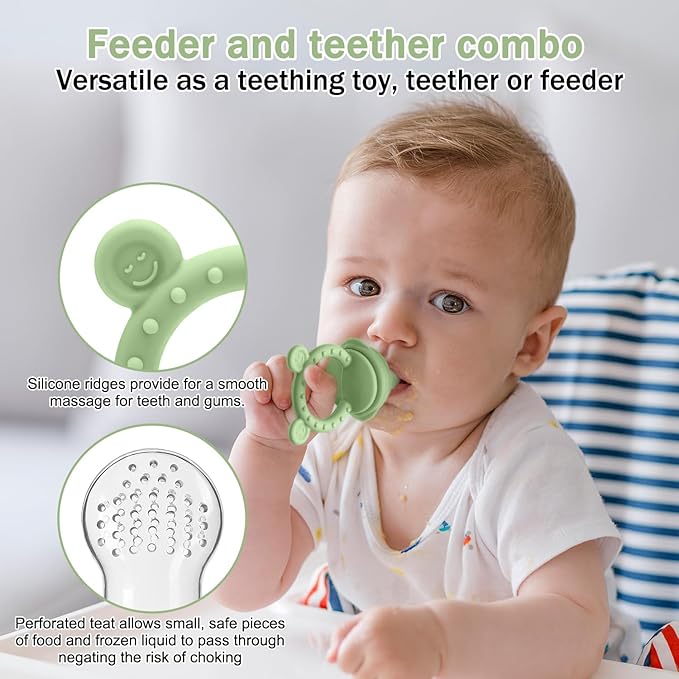 4 Pack Silicone Teething Mitten for Babies with Baby Fruit Food Feeder & Freezer Tray Set, BPA Free Infant Teething Relief Toy for 3 Month+, Additional Silicone Sacs