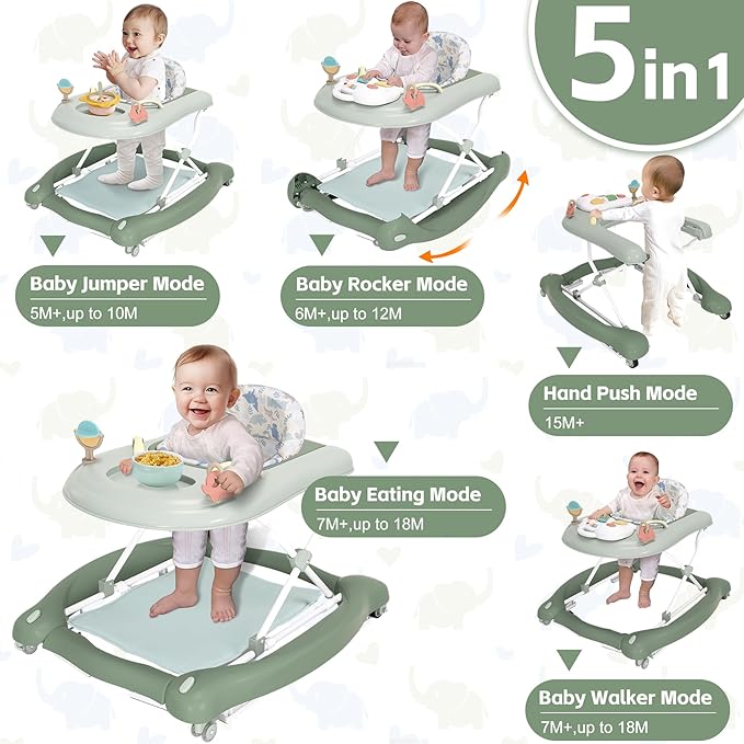 Foldable Baby 5-in-1 Activity Walker - Rocker, Activity Center, Bouncer, Seat Walker, Push Walker - Adjustable Speed Rear Wheels and Height Toys Ages 6-18 Months… (Light Green)
