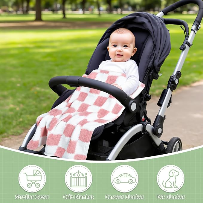 Checkered Baby Blanket for Girls, 2 Pack Soft Baby Girl Blankets, Small 28 x 40 inches Toddler Fleece Blanket, Essentials Crib Stroller Items, Newborn Gift (Pink)