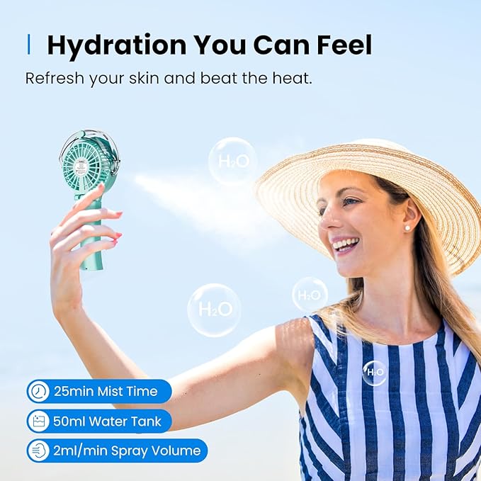 KIBEE Portable Misting Fan - 4000mAh Rechargeable, 50ml Water Tank, Foldable 180° Handheld with Mist Spray, 3-Speed Personal, Portable Charger for Travel, Outdoors, Makeup & More(Green)