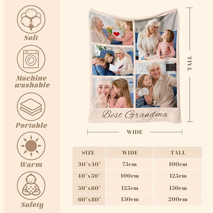 Custom Personalized 9 Photo Collage Blanket Thow Gifts with Text, Customized Pictures Blankets Gift for Christmas Birthday Thanksgiving Adults Kids Dad Mom Girlfriend Boyfriend (5 Grandma)