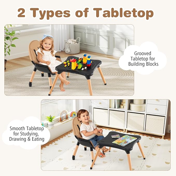 BABY JOY 6 in 1 High Chair, Convertible High Chairs for Babies and Toddlers/Booster Seat/Table and Chair Set, Infant Wooden Highchair w/ 5-Point Harness, 4-Position Removable Tray & PU Cushion, Coffee