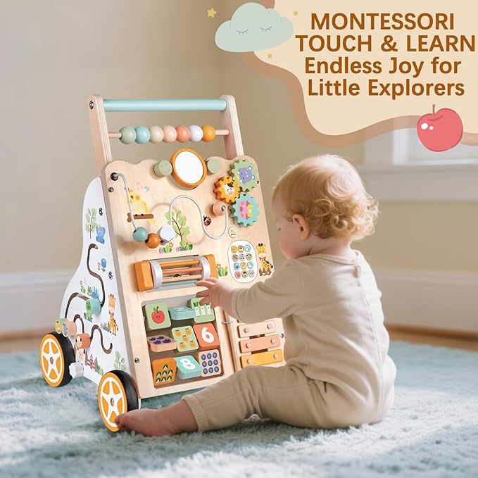 Baby Push Walker, Wooden Baby Walker for Girls Boys, Montessori Activity Center for Babies, Adjustable Speed & Height for Toddlers, Educational Push Toy for Kids Development