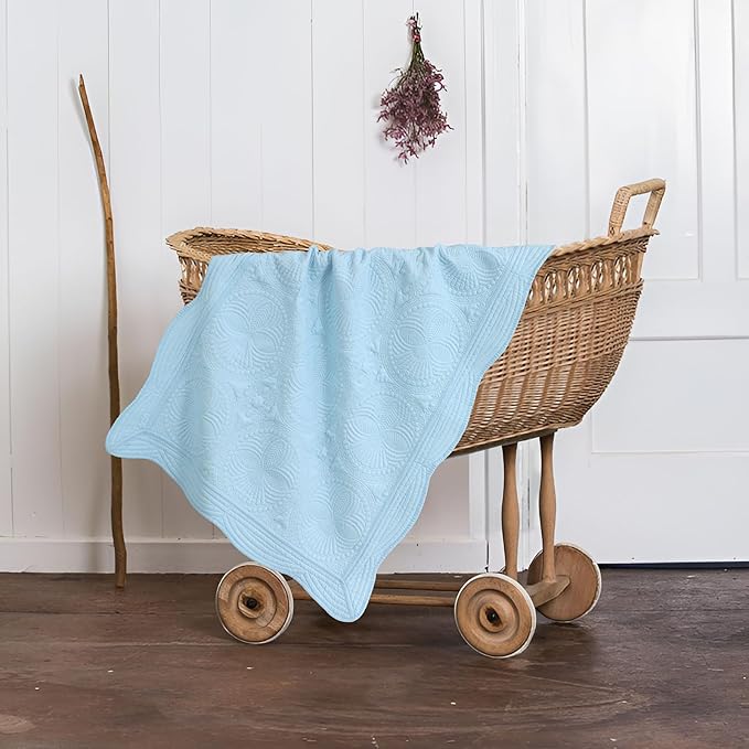 MONOBLANKS Baby Quilt Personlized Monogram Lightweight Embossed Scalloped Throw Blanket Four Seasons (Light Blue)