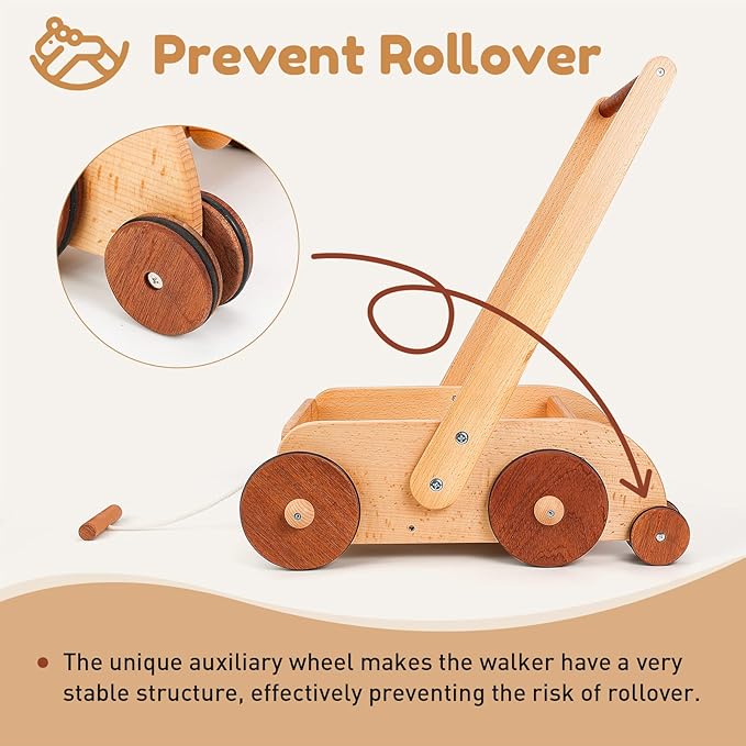 Wooden Baby Walker, Adjustable Speed Anti-Rollover Push Walker Toy for Babies Learning to Walk, Natural Wood Toddler Push and Pull Toys Wagon Birthday Toy for Boy Girl 1-3(Patent Protection)