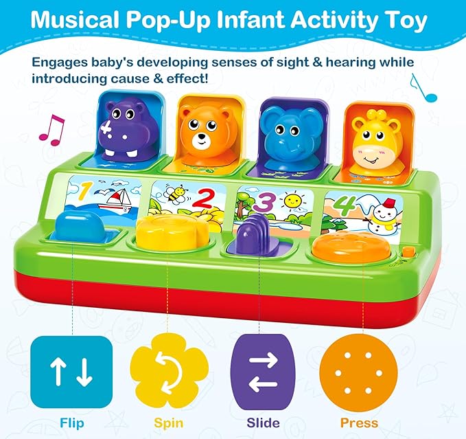 Musical Pop-Up Cause and Effect Toys with Light & Music for 1-3 Year Olds, Baby Interactive Toy with Animal Sounds, Ideal Gifts for Babies Boys Girls