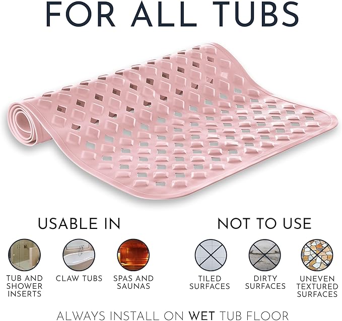 Homerella Bath Mat for Tub Non Slip Mold Resistant 35x16 - Shower Mat Non Slip Anti Mold - Bathtub Mat Suction Cups incl. Hooks for Drying - Rose Vinyl Rectangular