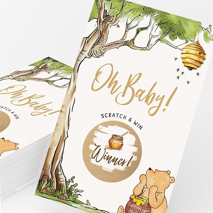 Printed Party Winnie Baby Shower Games – Scratch Off Game with Classic Pooh Theme, Gender Neutral for Boy or Girl, 30 Cards & Stickers