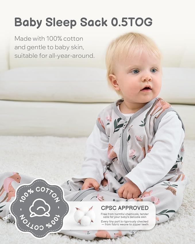 Baby Sleep Sack 0-6 Months, 100% Organic Cotton Wearable Blanket for Babies, 2-Way Zipper TOG 0.5 Lightweight Breathable Baby Sleeping Bag, 4 Sizes-S Cotton&Fawn&Grey