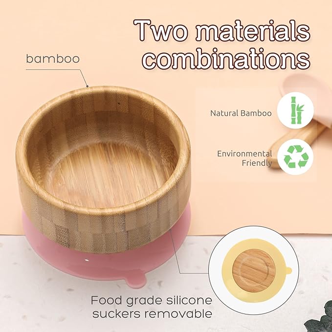 Baby Bamboo Bowls with Suction and Matching Spoon Set,2PC Feeding Supplies Set for Infant, Toddlers,Detachable Silicone Suction Stay Put Base for Wooden Bowl (Pink)