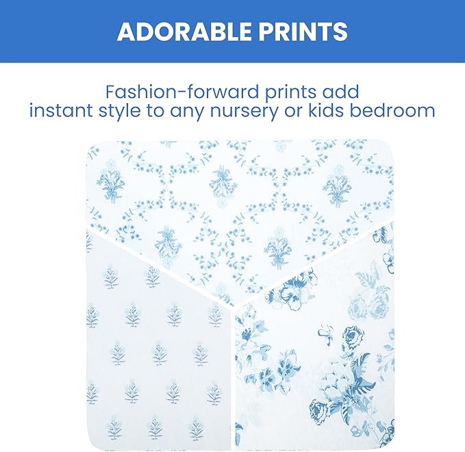 Delta Children Fitted Crib Sheets for Girls and Boys - 100% Organic Cotton Crib Sheet for Standard Crib and Toddler Mattresses - 28x52 Inch - GOTS Certified (Pack of 3), Blue Botanicals